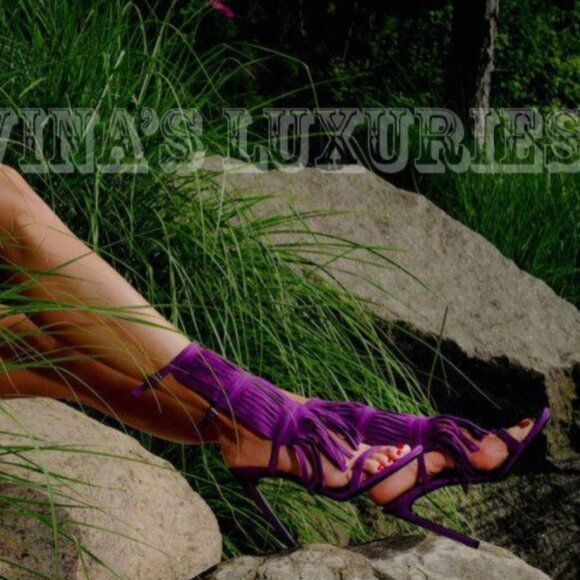 GUCCI SHOES BECKY BEIGE SUEDE FRINGED HIGH HEEL SANDAL sz 36.5 / 6.5 - Picture 3 of 9